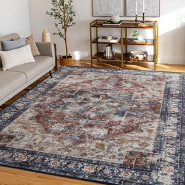 RYB HOME 8x10 Washable Large Area Rug, Living Room Rug 8x10, Boho None Slip Soft Faux Wool Rug, Thick Carpet with Rubber Backing for Nursery Bedroom, Blue
