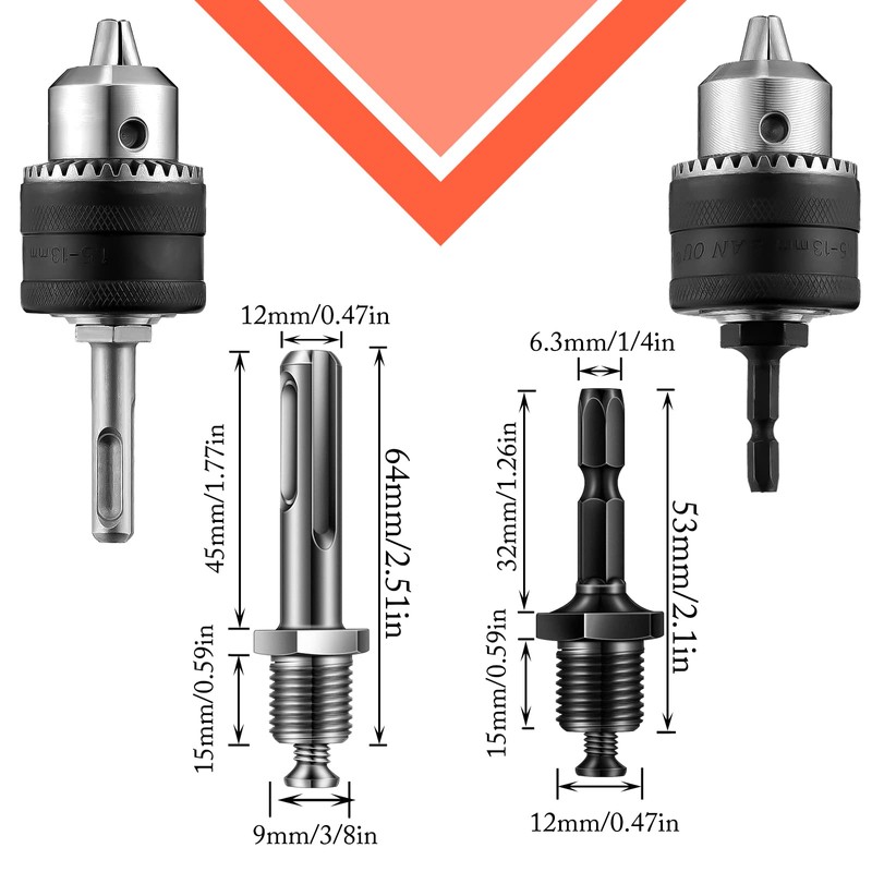 Lothee 6 Pcs 1/2-20unf Mount 1.5-13 mm Capacity Drill Chuck