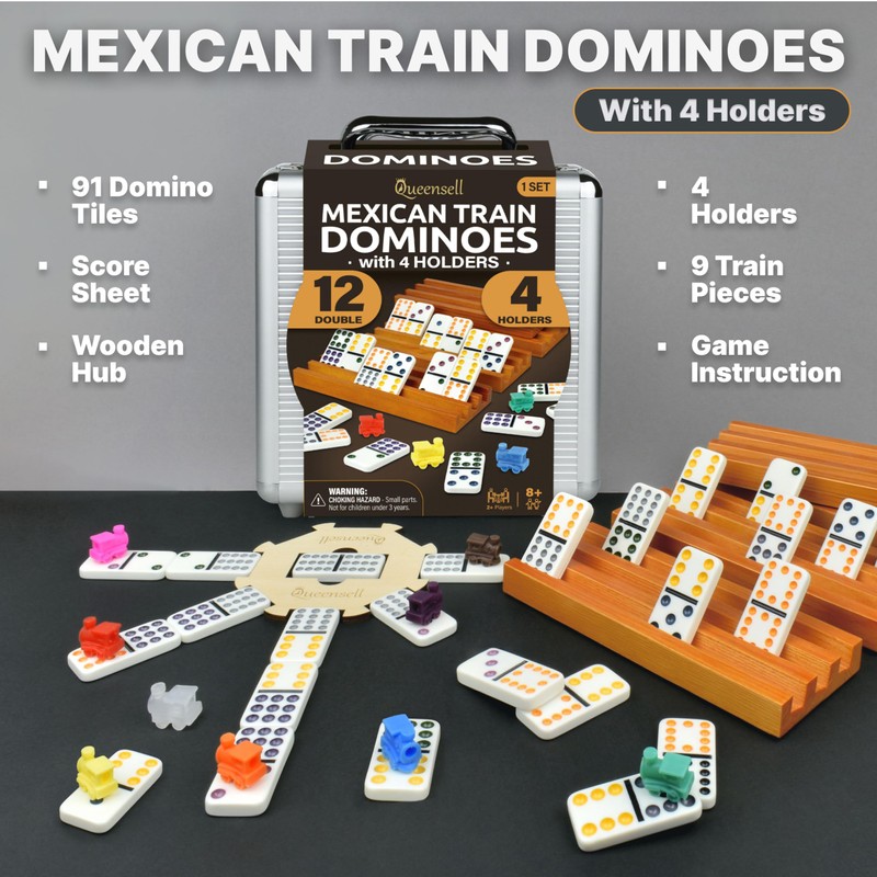 Mexican Train Dominoes Set with 4 Holders - Dominoes Double