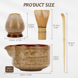 DiDiBirDi Matcha Tea Set 4 Pcs, JapaneseTraditional Ceramic Bowl, Bamboo Whisk (Chasen), Bamboo Scoop (Chashaku), Whisk Holder (Brown)
