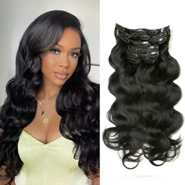 Clip in Hair Extensions 7pcs 70g Clip in Hair Extensions Human Hair Body Wave Hair Extensions Clip Ins for Women (1# Jet Black, 20Inch)