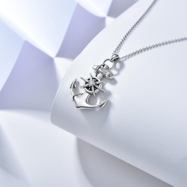 SHINYKEND Anchor Necklace for Women Men, S925 Sterling Silver Nautical Anchor Compass Pendant Necklaces with Moissanite for Women Her He 18+2" (White)