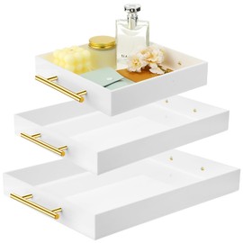 meekoo 3 Pcs Tray with Handles Acrylic Serving Tray Spill Proof Acrylic Bathroom Tray Decorative Tray Organizer for Coffee Table Countertop Appetizer 12x16 11x14 10x10 Inch (White with Gold Handle)
