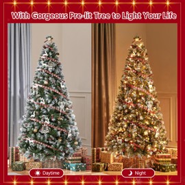 Yaheetech 6ft Pre-lit Frosted Artificial Hinged Christmas Tree with 818 Flocked PVC Tips,62 Pine Cones,62 Holly Berries & 250 Warm White Lights,Foldable Stand,Green