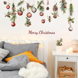 Christmas Wall Decals Winter Christmas Pine Cones Colorful Balls Wall Stickers Removable Xmas Vinyl Waterproof Wall Decorations Christmas Window Clings Stickers for Kid Room Bedroom Home Party Decor