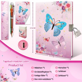 Girls' Diary with Lock, Diary Children's Butterfly Hardcover Journal GINMLYDA Notebook Set, Includes 17.8 x 13 cm Notebook Multicoloured Pen Ruler Sharpener Eraser for Children Gift