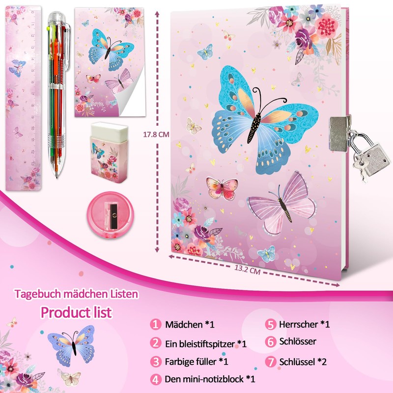 Girls' Diary with Lock, Diary Children's Butterfly Hardcover Journal GINMLYDA