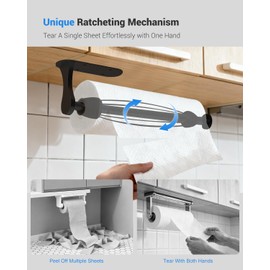Paper Towel Holder Under Cabinet, One-Handed Tear, Wall Mount, Adhesive, Black, Paper Roll Holder with Ratchet Mechanism for Kitchen Bathroom Farmhouse Essentials Decor Accessories