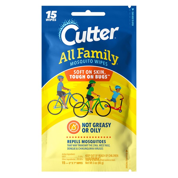 Cutter All Family Mosquito Wipes, 15-Count, 12-Pack, Plain