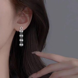 Dervivea Shiny Star Tassel Chain Earrings Long Tassel Chain Dangle Earrings Silver Star Chain Stud Earrings Minimalist Long Chain Earrings Tiny Star Earrings Jewelry for Women