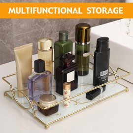 Virvia Vanity Tray Luxury Bathroom Counter Tray Glass Perfume Organizer Holder Cosmetics Makeup Skincare Display Decorative Vanity Trays for Bathroom Dresser Bedroom (Platinum, L)