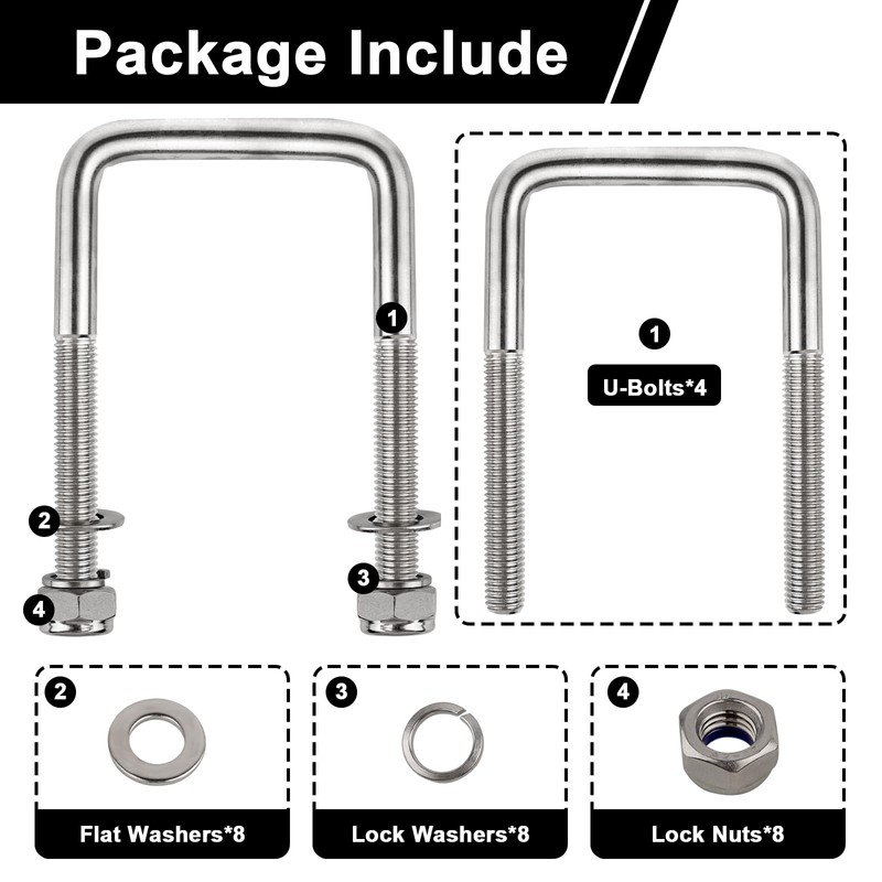 4 Sets 304 Stainless Steel Square U-Bolt Kits, Heavy Duty
