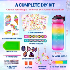Decorate Your Own Water Bottle for Girls Ages 5-12 - Complete DIY Craft Kit with 1000+ Gems, Unicorn Stickers & Charms - Fun Back to School Supplies & Birthday Gifts, Creative Arts & Crafts for Kids