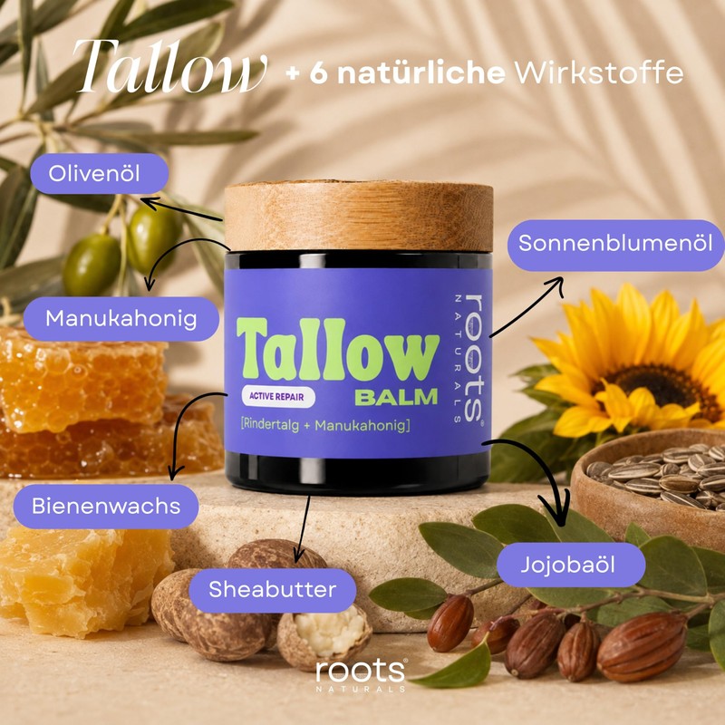roots NATURALS Tallow Beef Tallow, Honey Balm, Foot Cream
