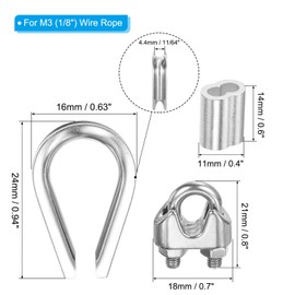 PATIKIL Wire Rope Kit, 24 Pack M3 Stainless Steel Thimbles Wire Rope Cable Clamps Aluminum Crimping Loop Sleeve for 1/8" Wire Rope