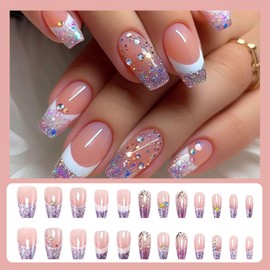 Coffin Press on Nails Medium Purple Glitter Fake Nails with Design White French Tip False Nails Artificial Rhinestone Glue on Nails Acrylic Nails Stick on Nails for Women 24 Pcs