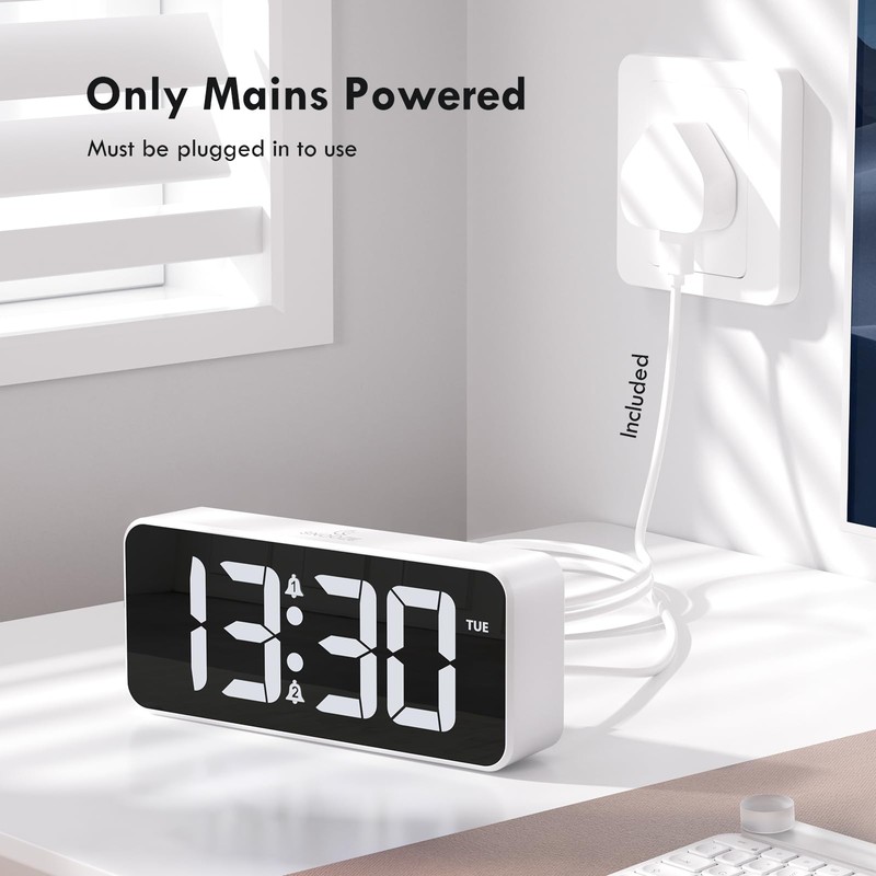 CHEREEKI Alarm Clock Bedside Mains Powered, Digital Clock with Large