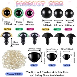 MFCGHXR Plastic Safety Eyes 90 Pieces Safety Eyes for Crochet Animals - 3 Sizes of Plastic Eyes and Noses with Washers in Coloful for Amigurumi and Doll Making