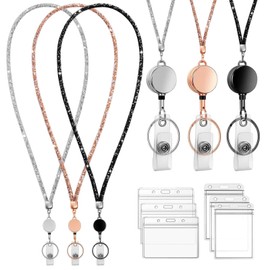 3 Pack Set Retractable ID Badge Holder with Bling Neck Strap Neck Lanyard for Teacher Office Worker