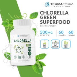 TerraForm Nutrition Pure Chlorella Supplement - Green Superfood 1000mg per Serving, High Potency Vegan Super Food - 30 Servings - 60 Capsules