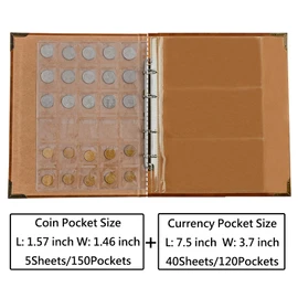 120 Pockets Currency Album + 150 Pockets Coin Collecting Album, Paper Money Banknote Collection Book Bills Holders Supplies for Collectors (40+5 Sheets)