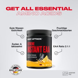 Body Attack Extreme Instant EAA Powder - Ice Tea Lemon, 500 g - Extremely Delicious, Immediately Soluble, Vegan, 8 Essential Amino Acids High Dose - 10300 mg EAAs per Shake, Made in Germany