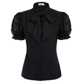 Women's Vintage Bow Tie Neck Bishop Sleeve Black Chiffon Blouse Top,Black,L