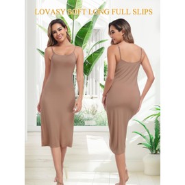 Lovasy Women's Full Slip for Under Dresses Cami Slip Mini Dress Adjustable Straps Basic Long Full Slips Nightgown Coffee,Medium