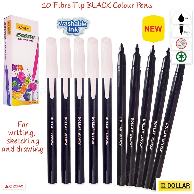 Dollar FeltStic Felt Tip Pens, BLACK, Pack of 10, Fine