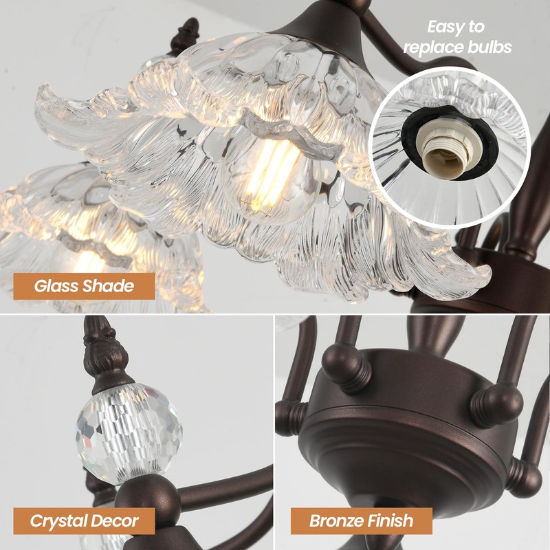 Sicddde Dining Chandelier Over Table 5 Light Brown Vintage Glass