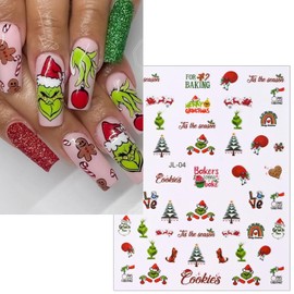 6 Sheets Cartoon Nail Stickers 3D Self-Adhesive Christmas Nail Decals Xmas Tree Green Monster Nail Designs Cute Winter Xmas Nail Art Stickers Christmas Nail Decoration Supplies for Women Girls Kids