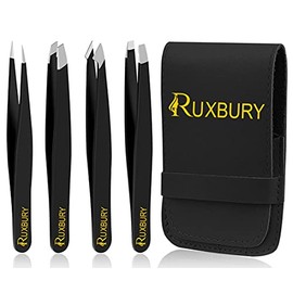 Ruxbury 4pcs Tweezers for facial hair women & men Professional Stainless Steel black color coated precision tweezers Slanted & Pointed Tip eyebrow tweezers for Ingrown Hair tweezers with leather pouch