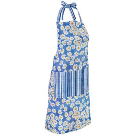 Boston International Apron with Front Pocket Premium Cotton Kitchen Cooking Baking Gifts Aprons, One Size Fits Most, Agnetha Blue with White Daisies