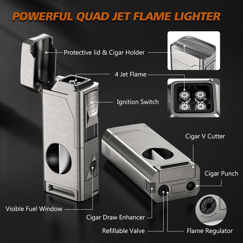Scotte Cigar Lighter, Torch Lighter 4 Jet Flame, Refillable Butane