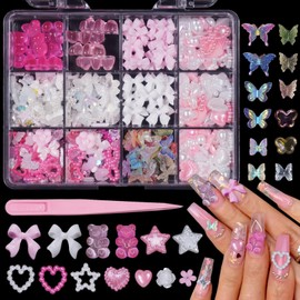 3D Bows Pearl Heart Nail Charms, Acrylic Butterfly Bear Heart Bows Flowers Charms for Acrylic Nail for DIY Accessories Valentines Day