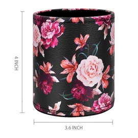 Pen Pencil Holder, WAVEYU Floral Flower Pattern Pen Cup Container PU Leather Desk Organizer Stand Decor Brush Scissor Holder Desk Organizer Decoration for Office Desk Home Decorative, Floral