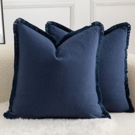 Mandioo Set of 2 Neutral Cotton Tassels Cushion Covers, 65 x 65 cm, Decorative Cushion Covers, Boho Sofa Cushion Cover for Couch, Sofa, Bedroom, Living Room, Home Decoration, Navy Blue