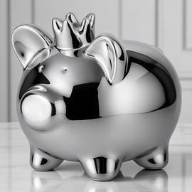 MIJOMA Piggy Bank Silver 9 x 8 cm - Decorative Ceramic Money Box with Crown, Shiny Chrome-Plated, Modern Money Pig for Children's Room, Living Room or Office
