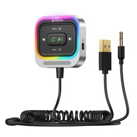 Syncwire Bluetooth 5.4 Receiver 3.5mm Aux Car Adapter Bluetooth Receiver Car Kit with Coiled Cable [Large Mic Noise Cancellation] [Hands-Free Calling] [HiFi Deep Bass] [Colorful Light Switch]