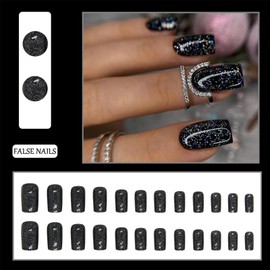 24pcs French Tip False Nails - Press On Nails Square - French Style Black Glitter Stick On Nails With Glue - Medium Shaped Elegant Design Fake Nails