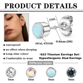 JeweBella 4 Pairs Titanium Earrings for Women Men Hypoallergenic Cubic Zirconia Opal Stud Earrings G23 Titanium Piercing Sleeper Cartilage Stud Earrings Set for Sensitive Ears 3/4/5MM