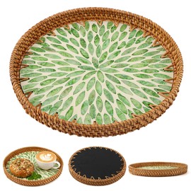 Handwoven Round Rattan Tray,Mother of Pearl Inlay Decorative Serving Tray