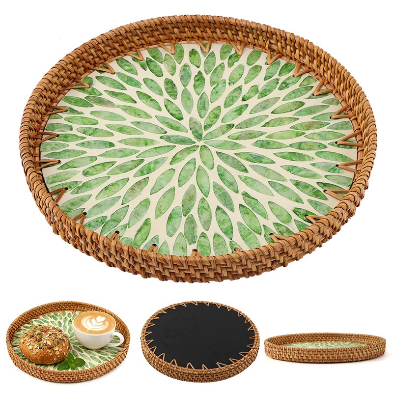 Handwoven Round Rattan Tray,Mother of Pearl Inlay Decorative Serving Tray