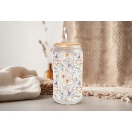 Mugzan Watercolor Flowers Frosted Glass Can W/ Bamboo Lid 16 Oz Glass Cup by Mugzan