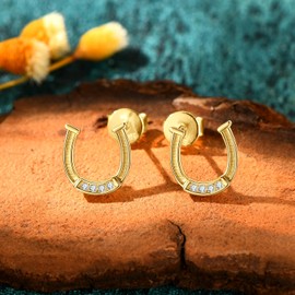 AINUOSHI Moissanite Diamond Lucky Horseshoe Earrings 925 Sterling Silver Hypoallergenic Dainty Stud Earrings for Women Birthday Gift (Gold-Lucky Horseshoe)