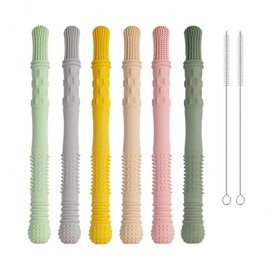 Pack of 6 Teething Aid Baby Teething Tube Ba-by, Teething Aid for Children Molars, BPA Free Chew Stick Baby with 2 Cleaning Brushes, Dishwasher Safe