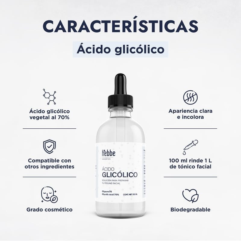 Hebbe - Ácido Glicólico, Exfoliante y Renovador para Piel, 50