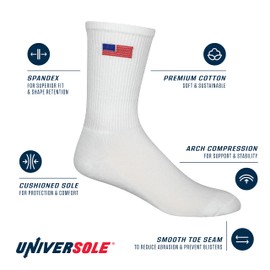 UniverSole USA Flag Socks - American Patriotic Crew Athletic Socks for Men & Women, Cushioned Sole, Compression Arch Support, Smooth Toe Seam, Premium Cotton, Spandex Fit - Red White Blue USA Design