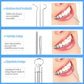 UBLNNFY Dental Teeth Pick 7 Pack Stainless Steel Toothpick Kit Dental Tools Tooth Stains Remover Dental Floss Ficks Teeth Cleaning Tools with Holder for for Outdoor Picnic, Camping, Travel