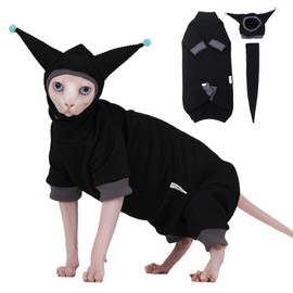SNIXfever Sphynx Cat Clothes Waffle Pattern Suit, Cute Pet Hat and Shirt Set, Hairless Cat Devon Cornish Pink and Black Suit, (Large, Black)